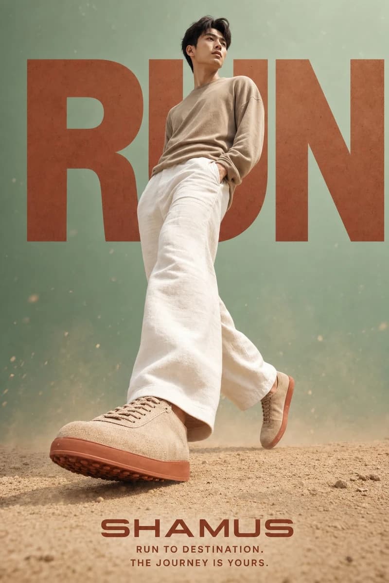 A warm editorial vertical lifestyle sneaker poster (9:16 ratio).
