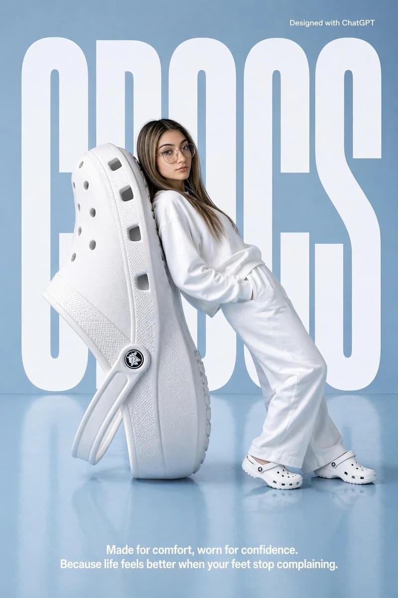 A high-fashion surrealist advertising poster for Crocs. The scene is set...