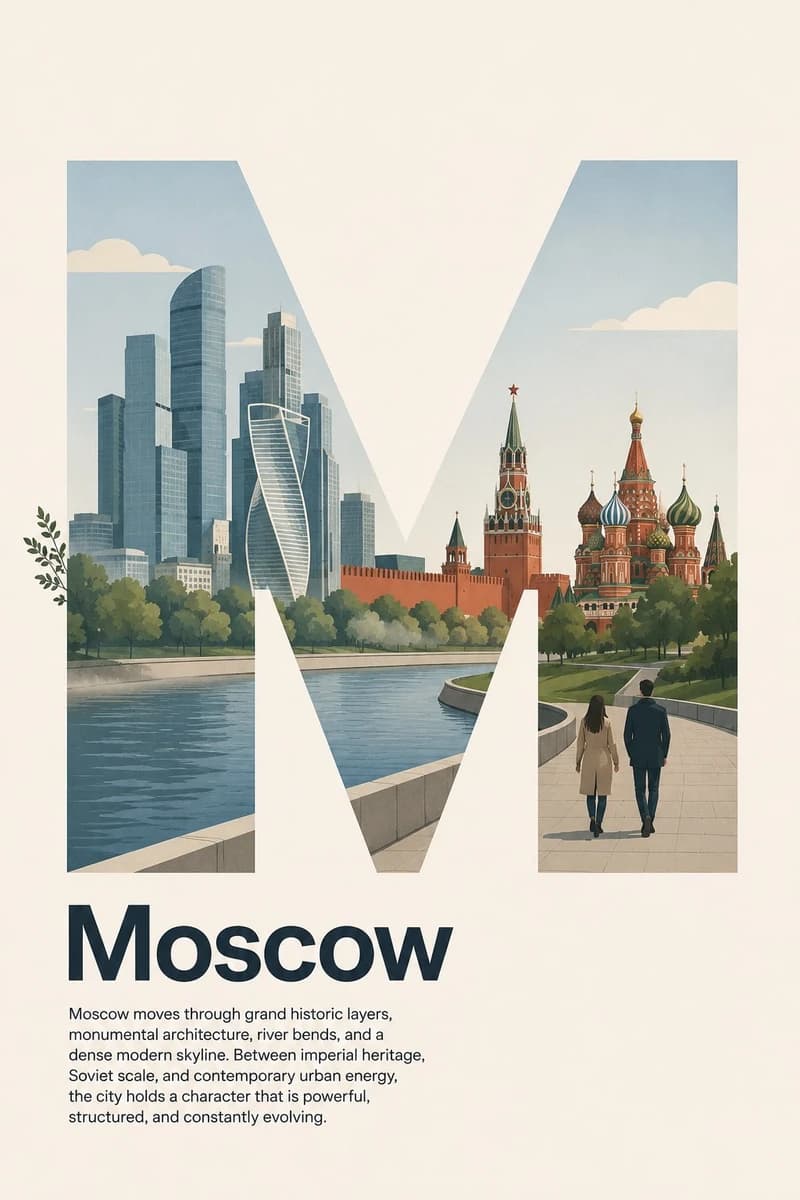 Design a contemporary Swiss Style editorial poster for Moscow, Russia. Us...