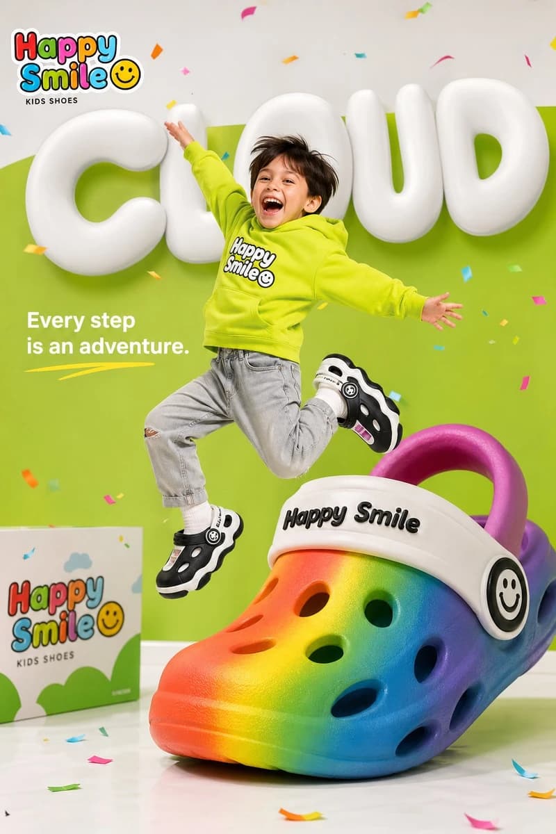 Bright colorful children's shoe brand advertisement for "Happy Smile☺️",...