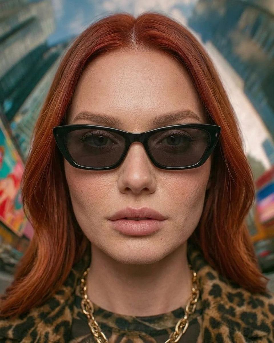 Ultra-realistic fashion portrait of a confident woman with straight long...