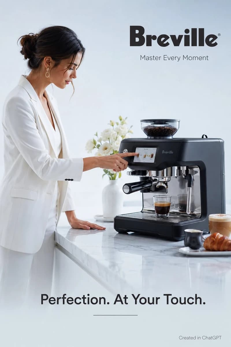 Photorealistic luxury commercial advertisement for the Breville Barista T...