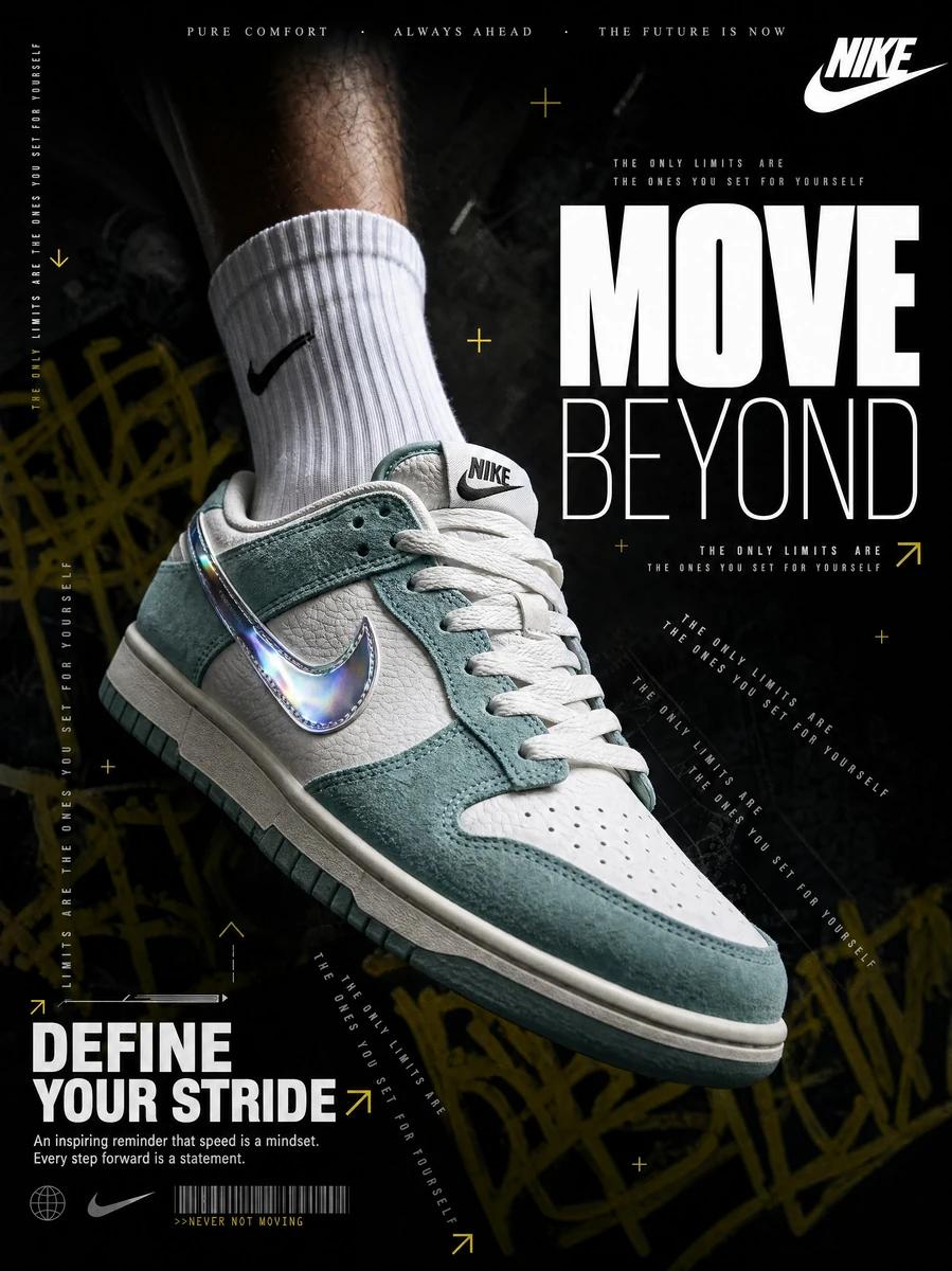 A hyperrealistic Nike sneaker advertisement shot in a dark, moody editori...