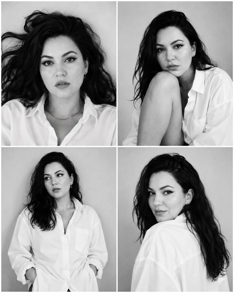 Black-and-white fashion casting contact sheet of a woman with long, sligh...