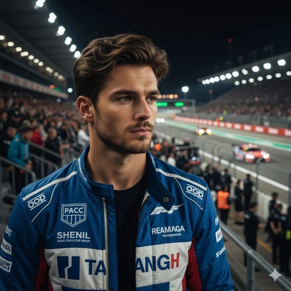 Ultra-realistic cinematic portrait of a handsome male racing driver stand...
