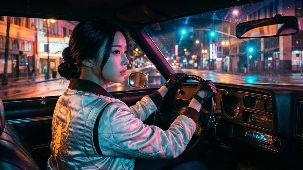 A atmospheric, cool driving movie still from Drive. **[Location]** Drivin...