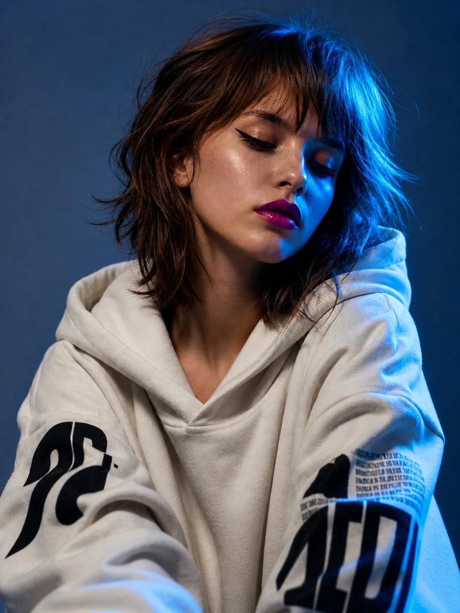 Ultra-realistic fashion editorial portrait of a young woman with a messy...