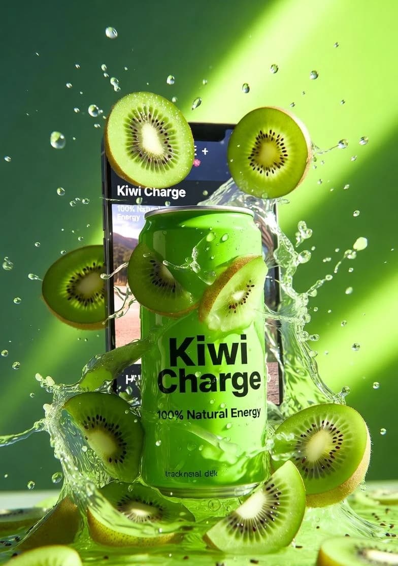 High-end product advertising shot of a vibrant green energy drink can lab...