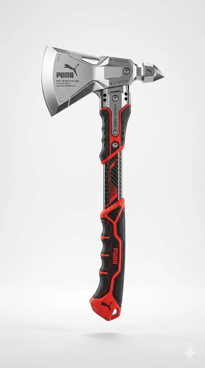 Futuristic tactical axe reimagined as premium [BRAND] sports equipment, v...
