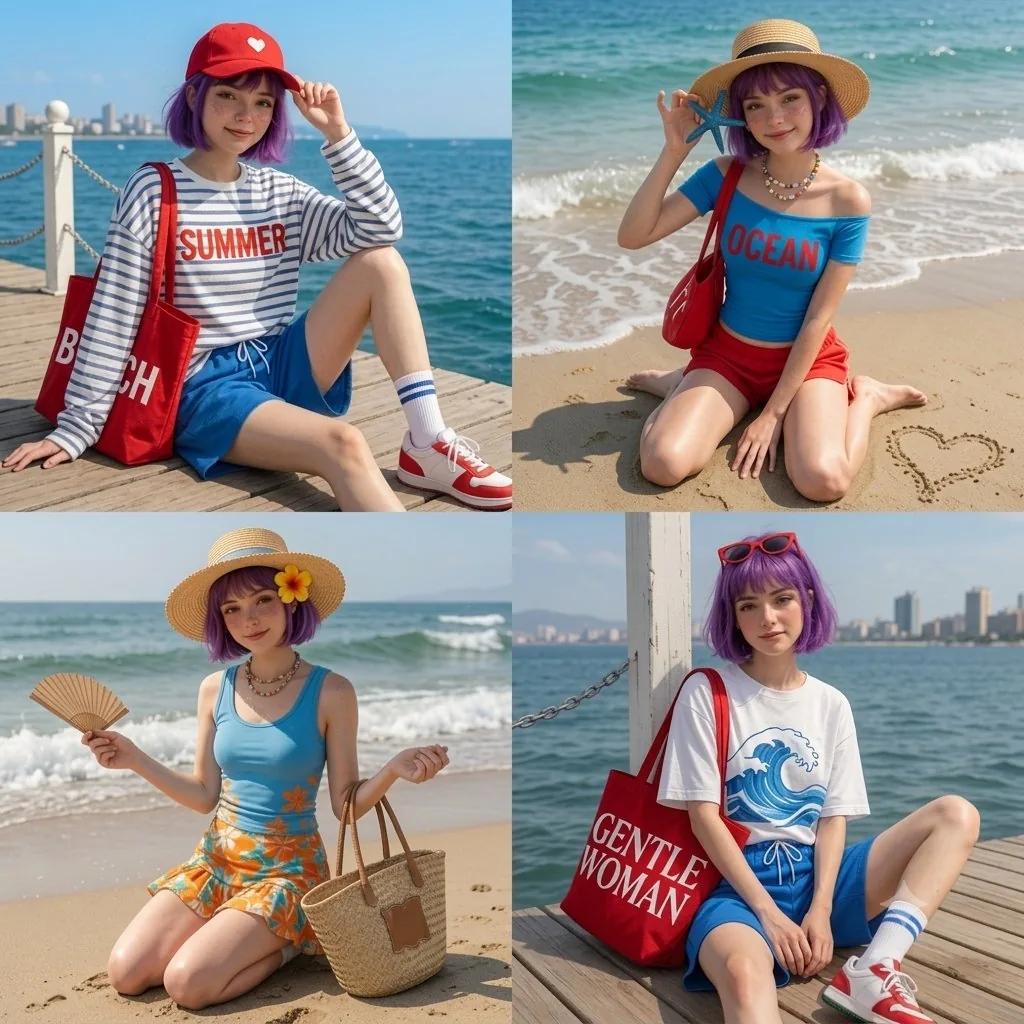 A 4-panel grid (2x2 layout) featuring a cute anime girl with a vibrant pu...