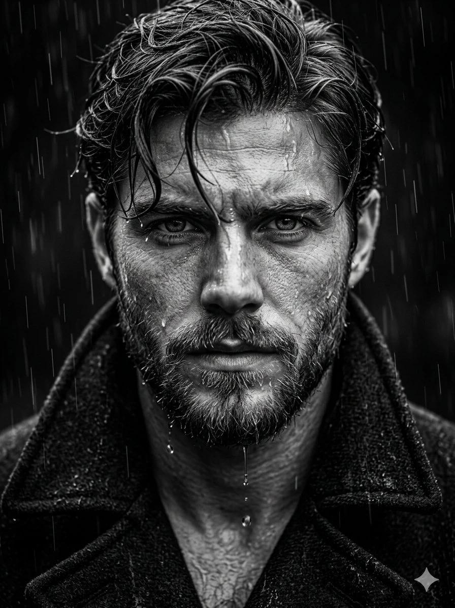 Ultra-realistic black and white portrait of a rugged man standing in heav...