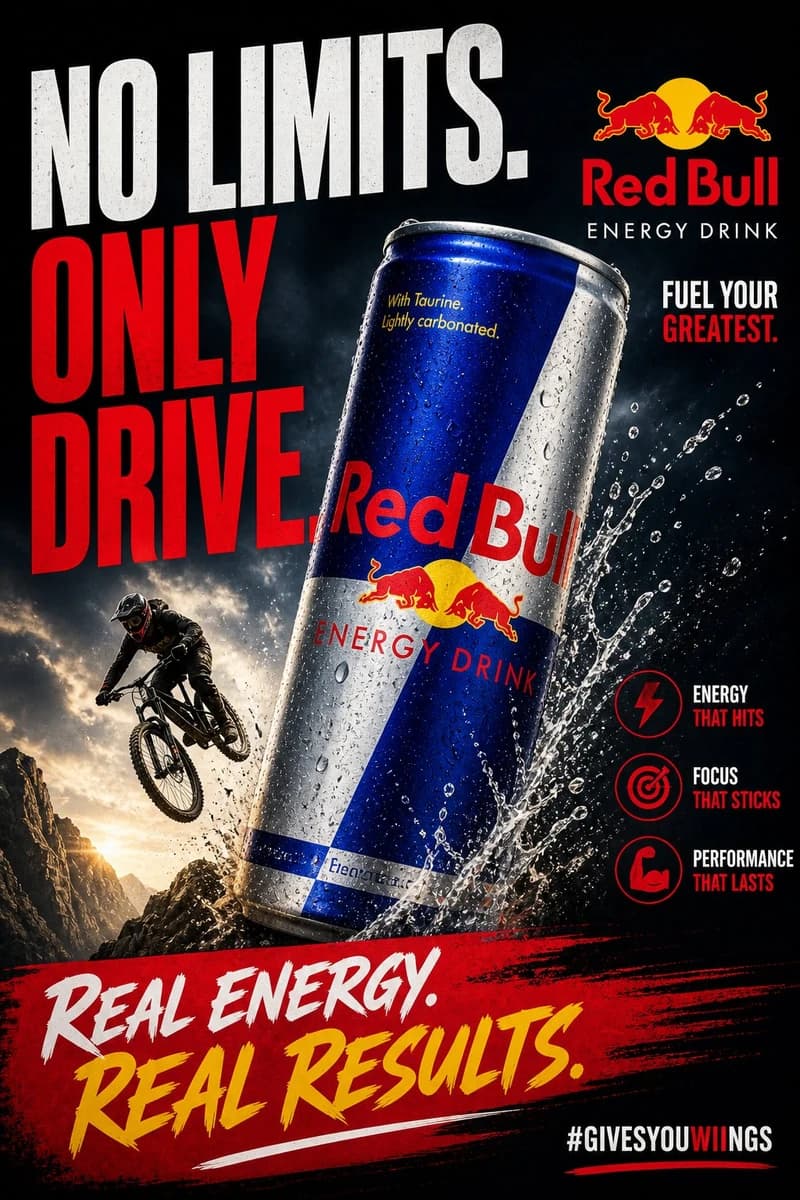 High-energy commercial poster of an energy drink can inspired by Red Bull...