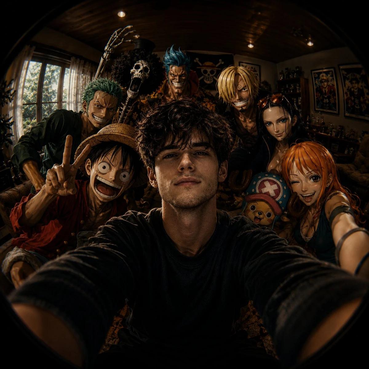 Ultra-wide fisheye selfie shot, anime crossover group selfie inside a coz...
