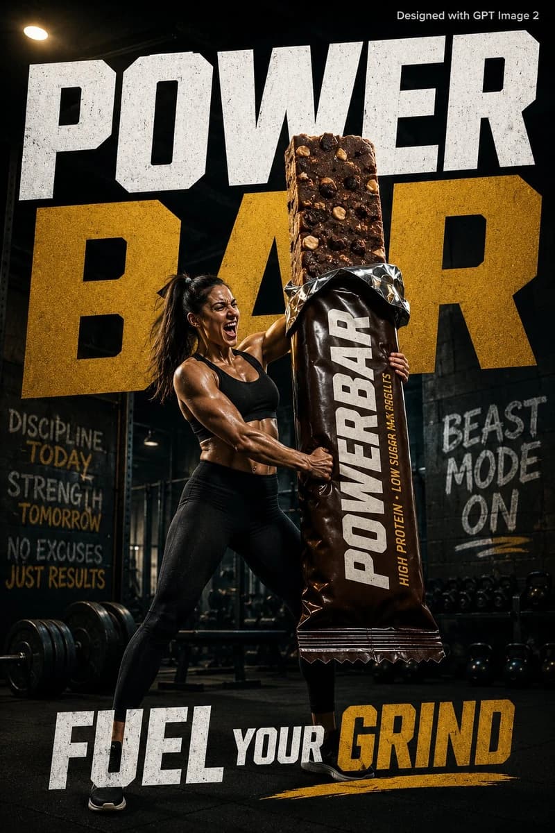 A bold fitness nutrition advertisement poster. A fit athletic woman in a...