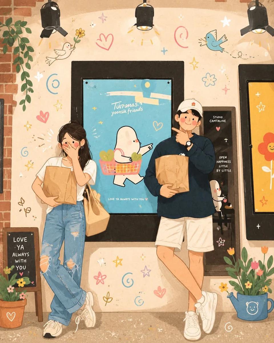 Whimsical Korean-inspired illustration, soft pastel color palette, cozy a...