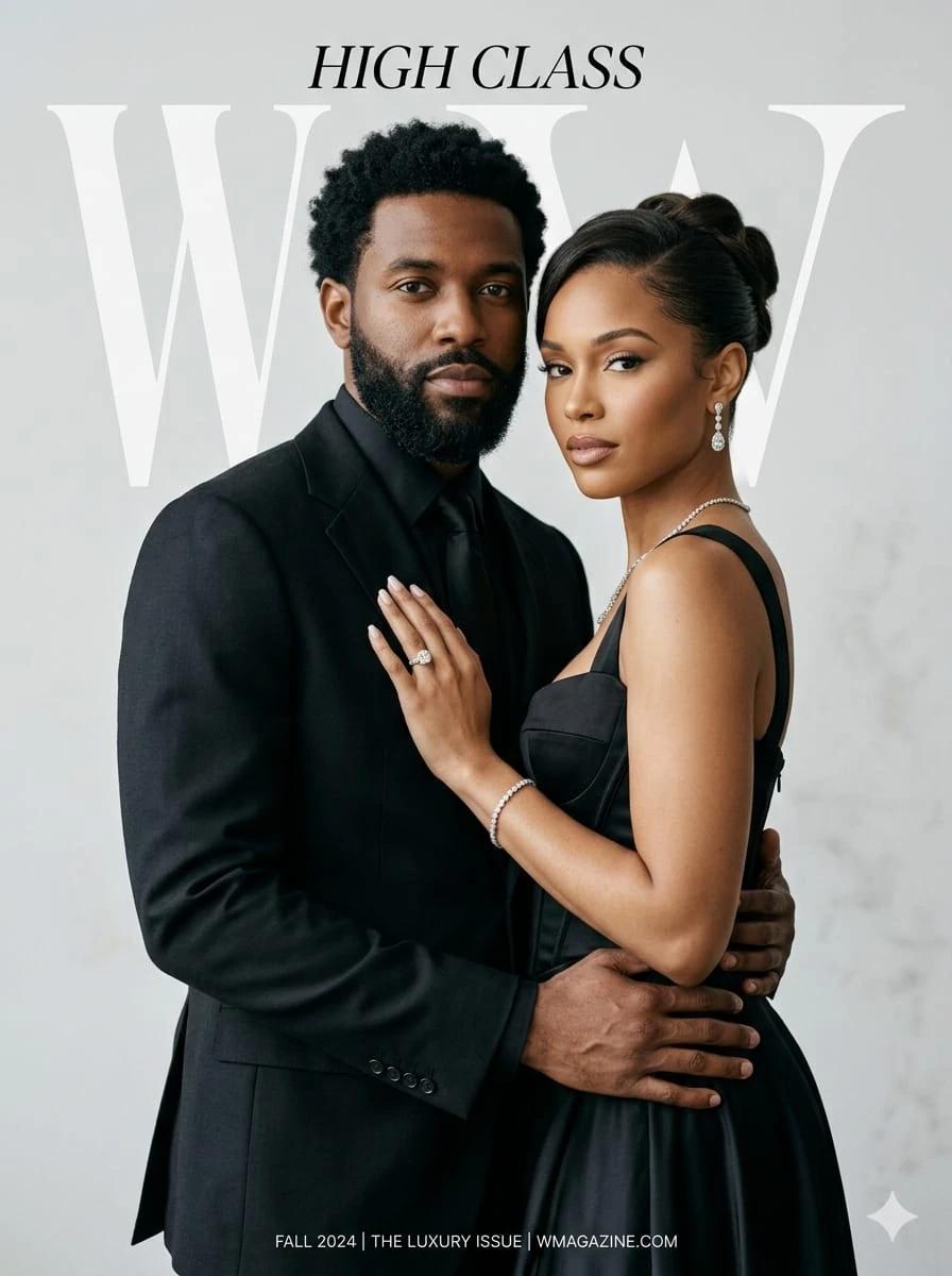 High-fashion editorial portrait of an elegant couple posing closely, man...