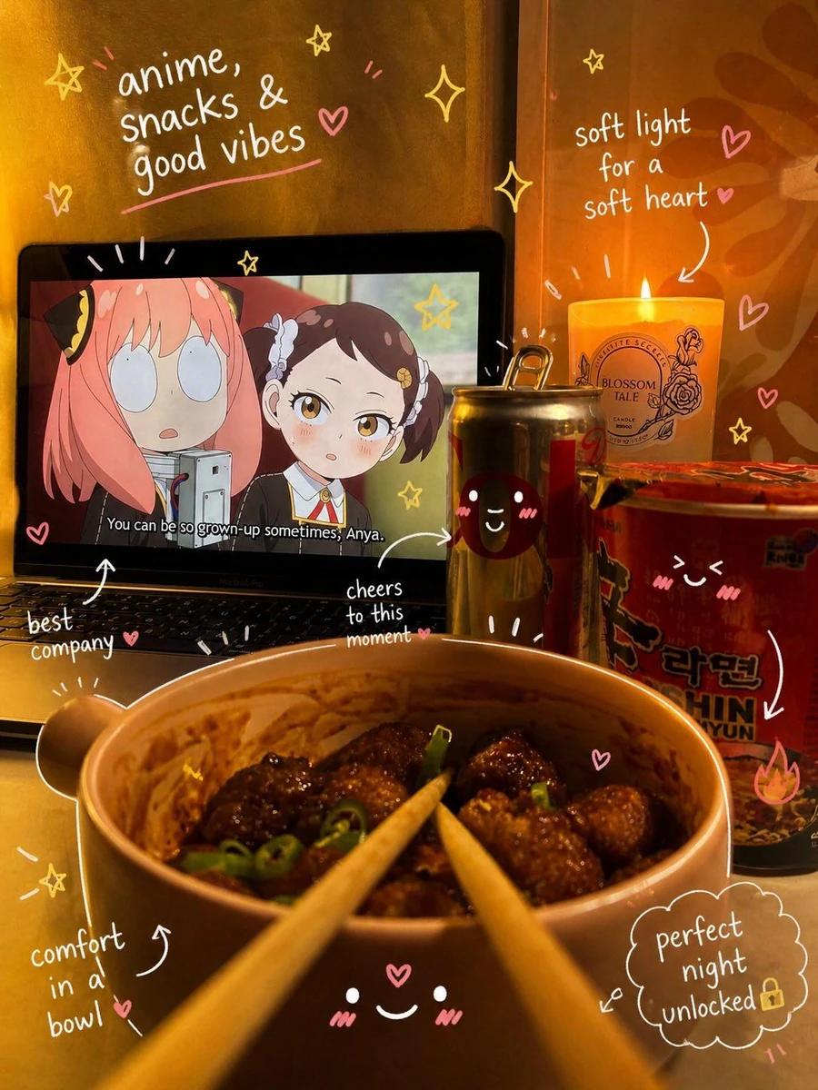 Cozy lifestyle scene featuring aesthetic food and drink setup (ramen/snac...