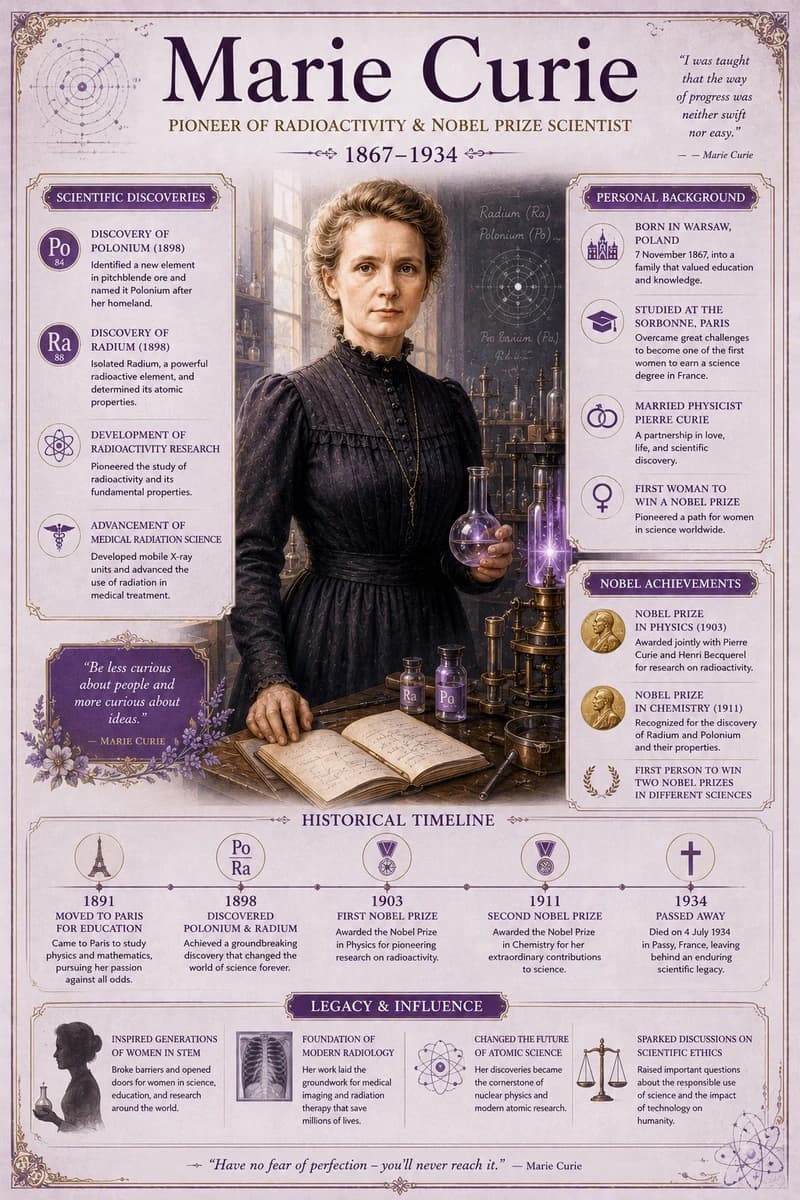 Premium Vintage Encyclopedia-Style Educational Infographic: Marie Curie’s...