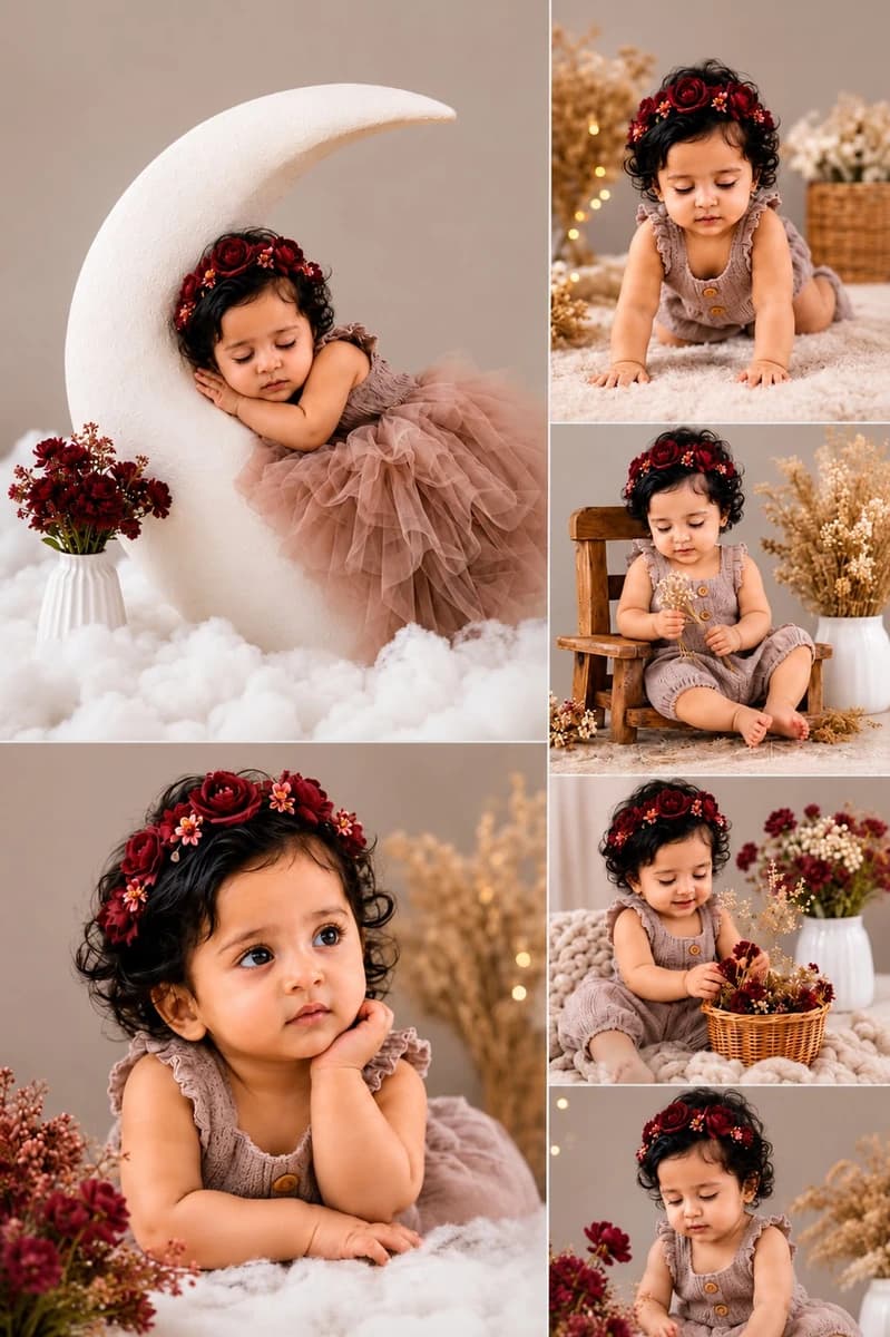 premium fine-art newborn/toddler photography collage featuring six elegan...
