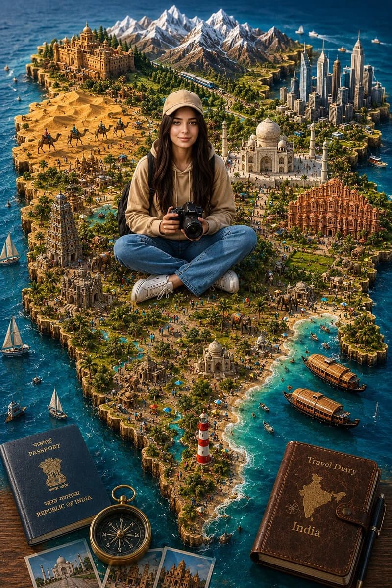 A highly detailed 3D miniature travel diorama of India shaped as a realis...