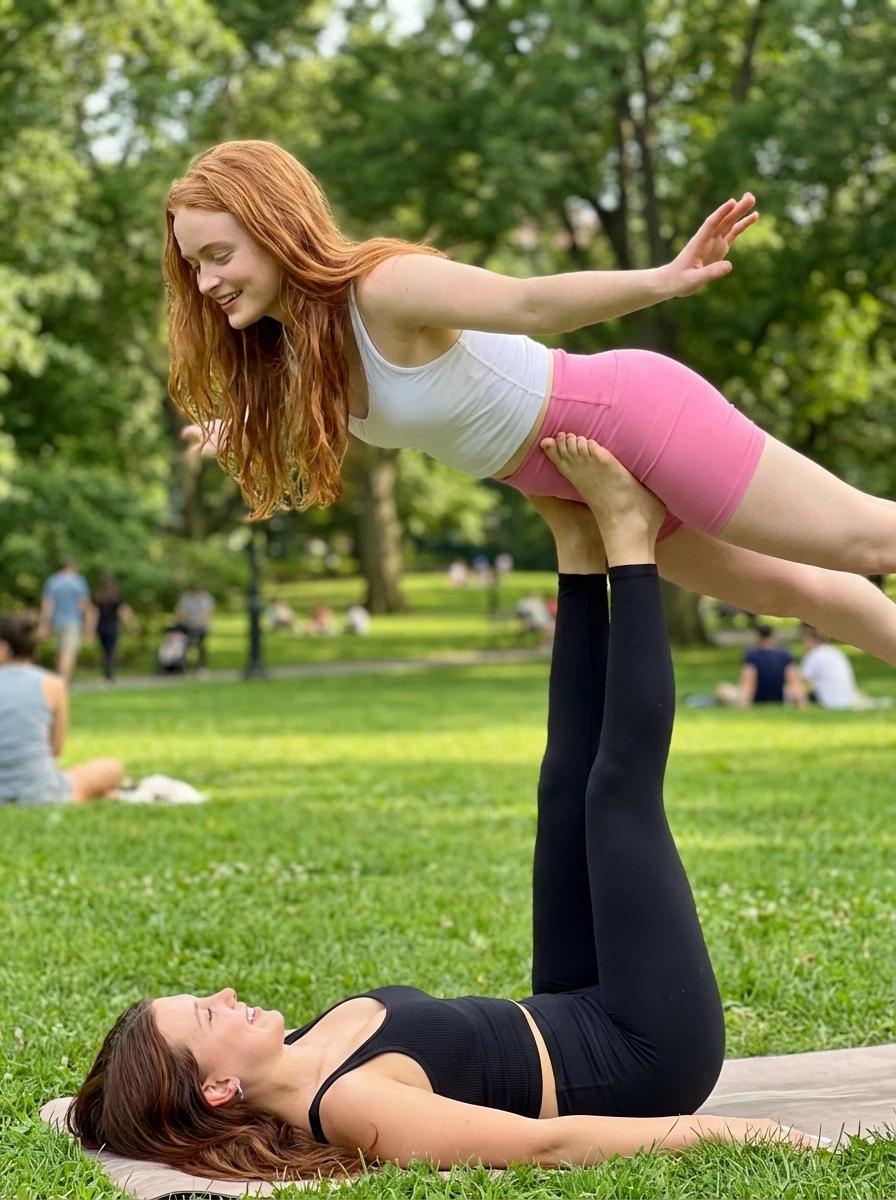 Ultra-realistic smartphone photo of two young women performing Acro Yoga...
