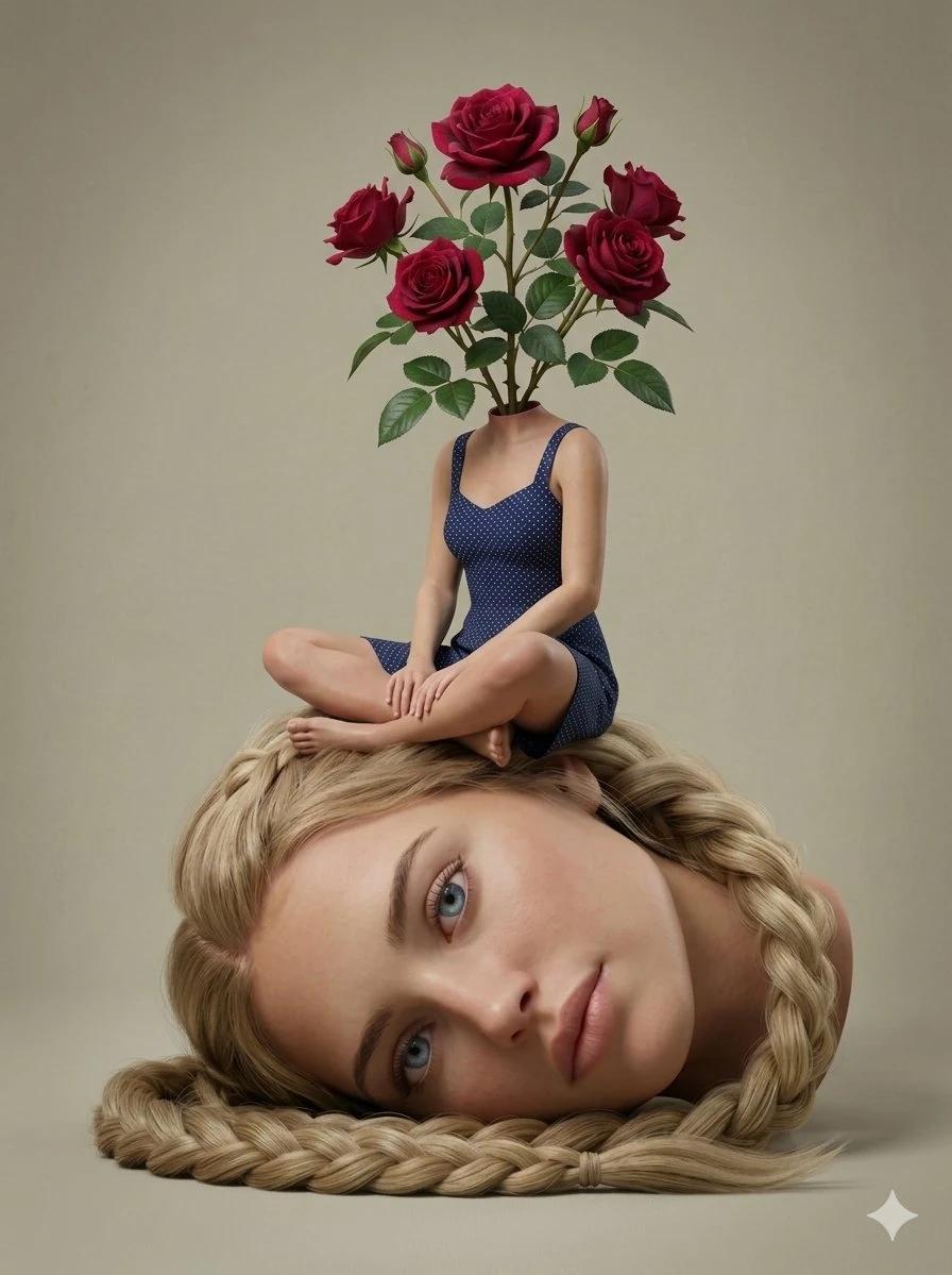 A surrealist digital artwork on a solid beige background. In the foregrou...