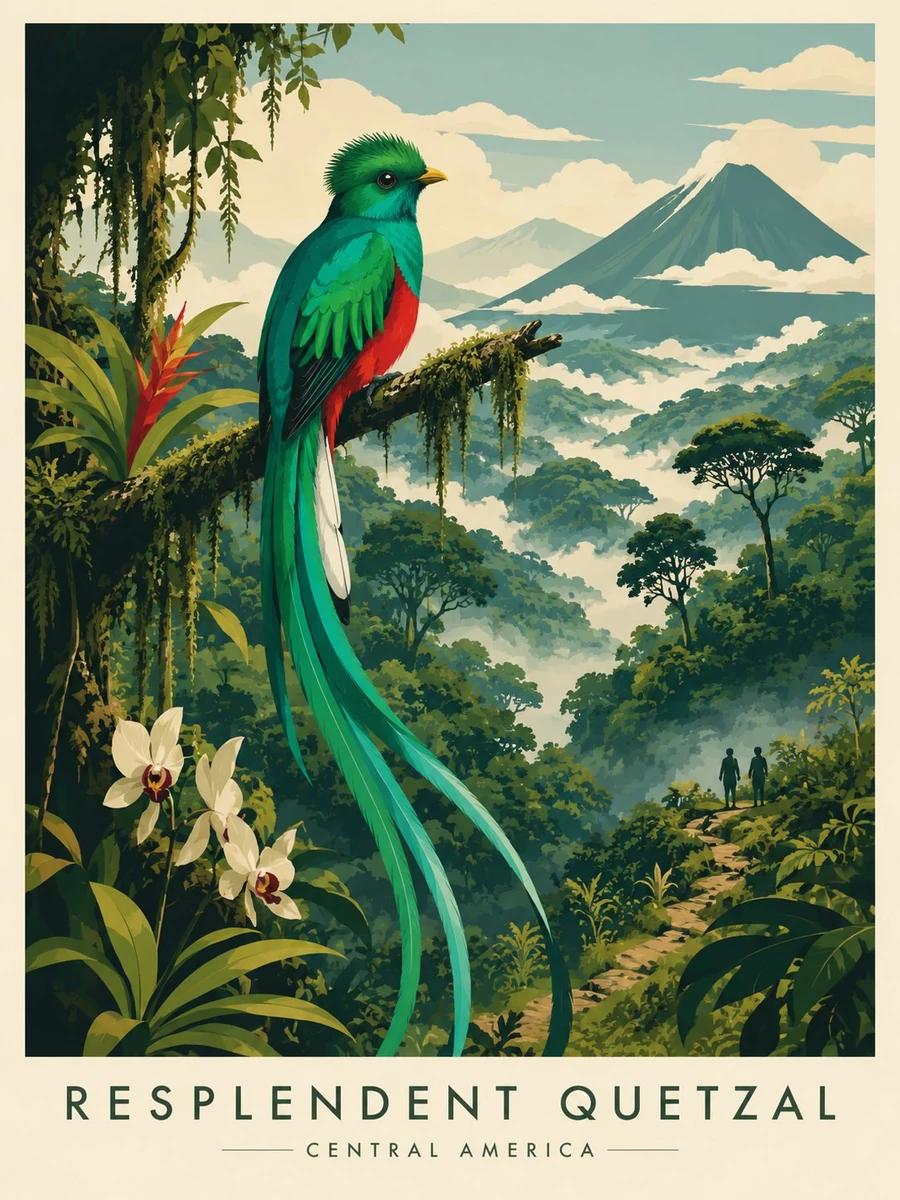 Vintage-inspired editorial wildlife poster illustration of a Rainbow Lori...