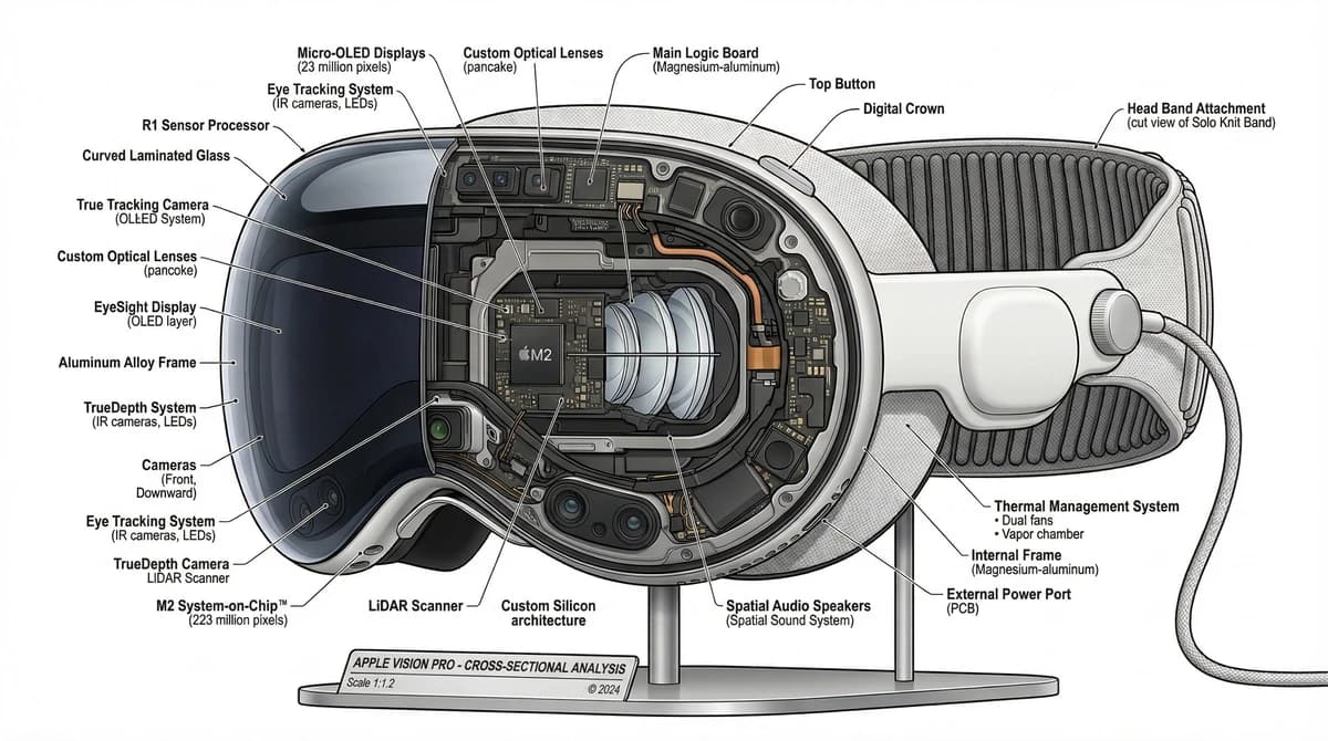 product design,Apple Vision Pro, cross-section cutaway view, internal ana...
