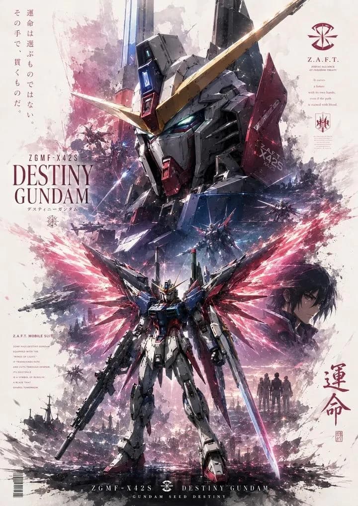 Mecha anime poster in watercolor and ink wash style, vertical layout, epi...