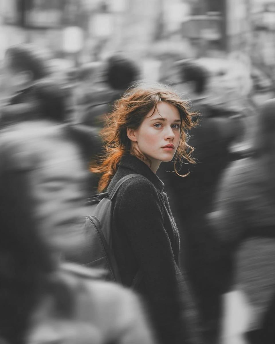 A cinematic street portrait of a young woman walking through a crowded ci...