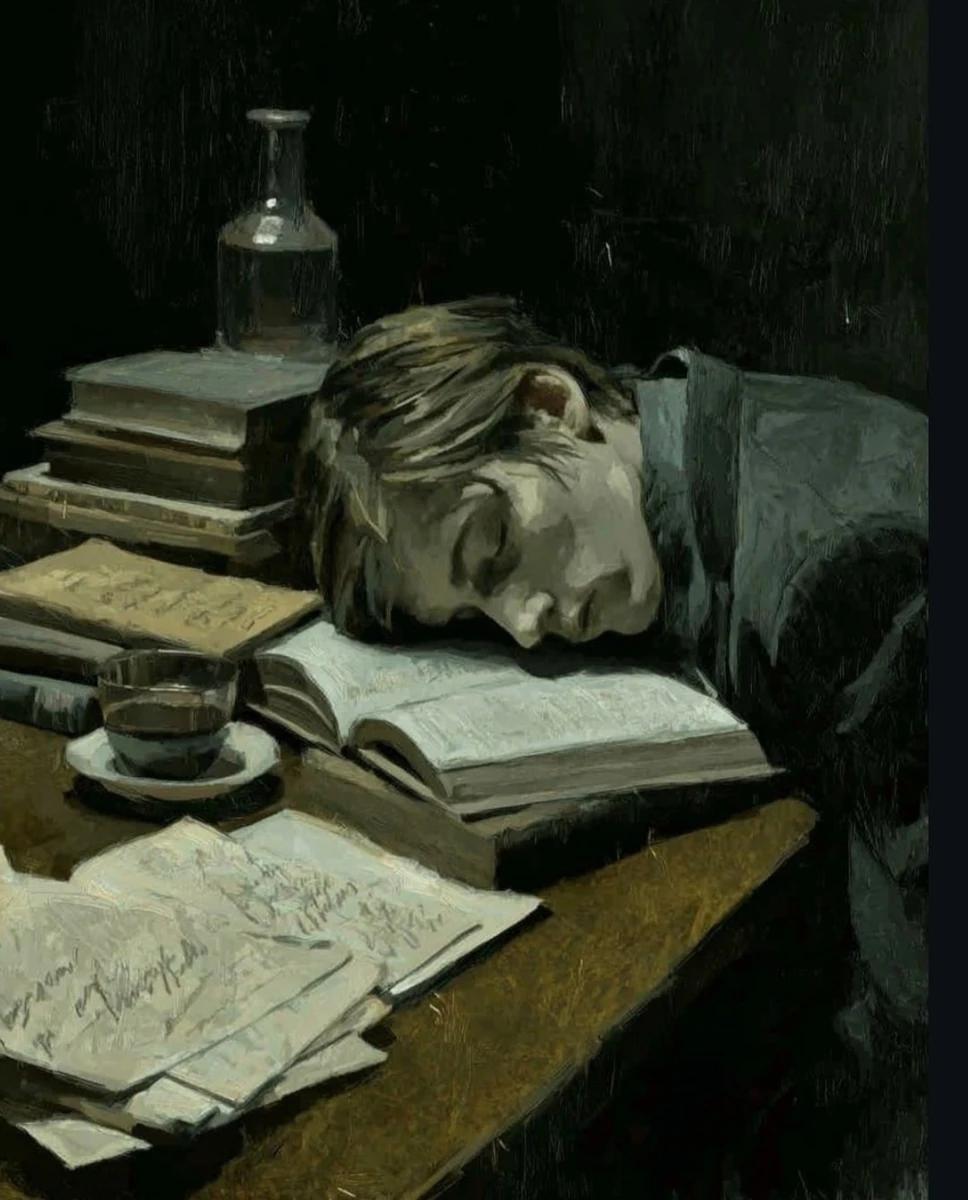 A weary young man, with tousled blonde hair and a pale face, is sleeping...