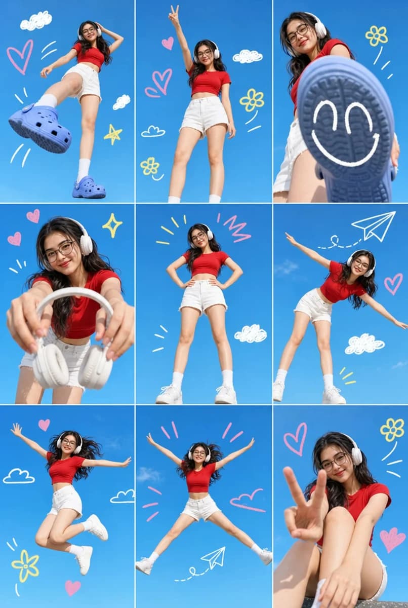 A 3x3 grid collage containing nine separate photos of a single young Asia...