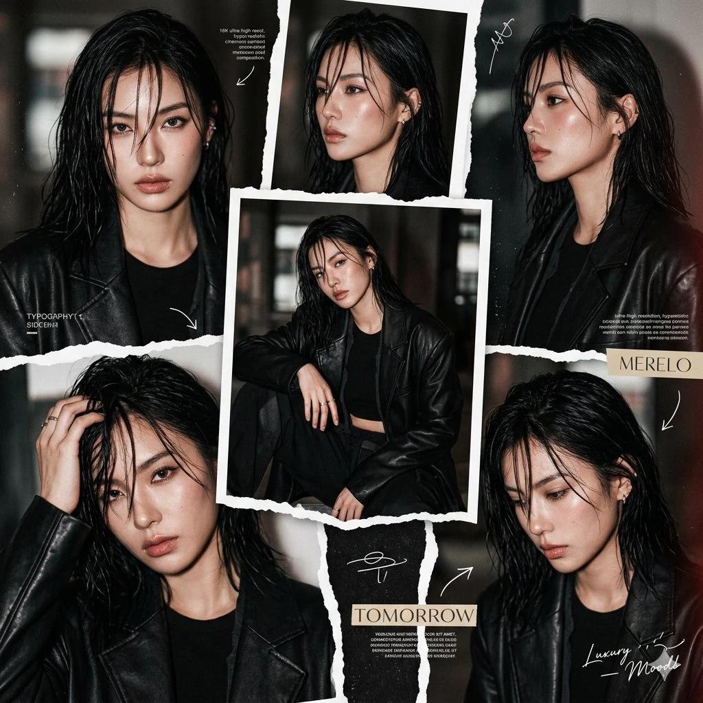 A hyper-realistic 1:1 square cinematic collage portrait of an young adult...