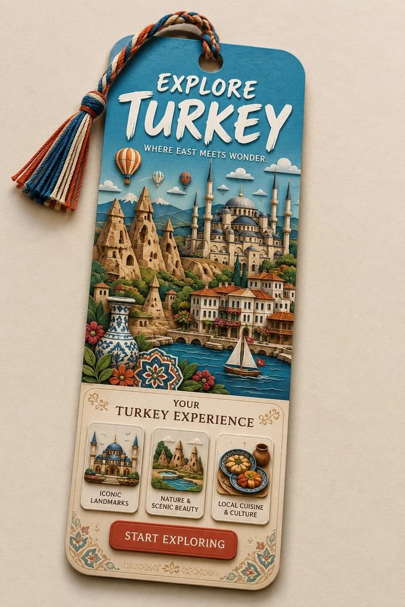The bookmark should be a tall, rounded-corner cardstock bookmark resting...