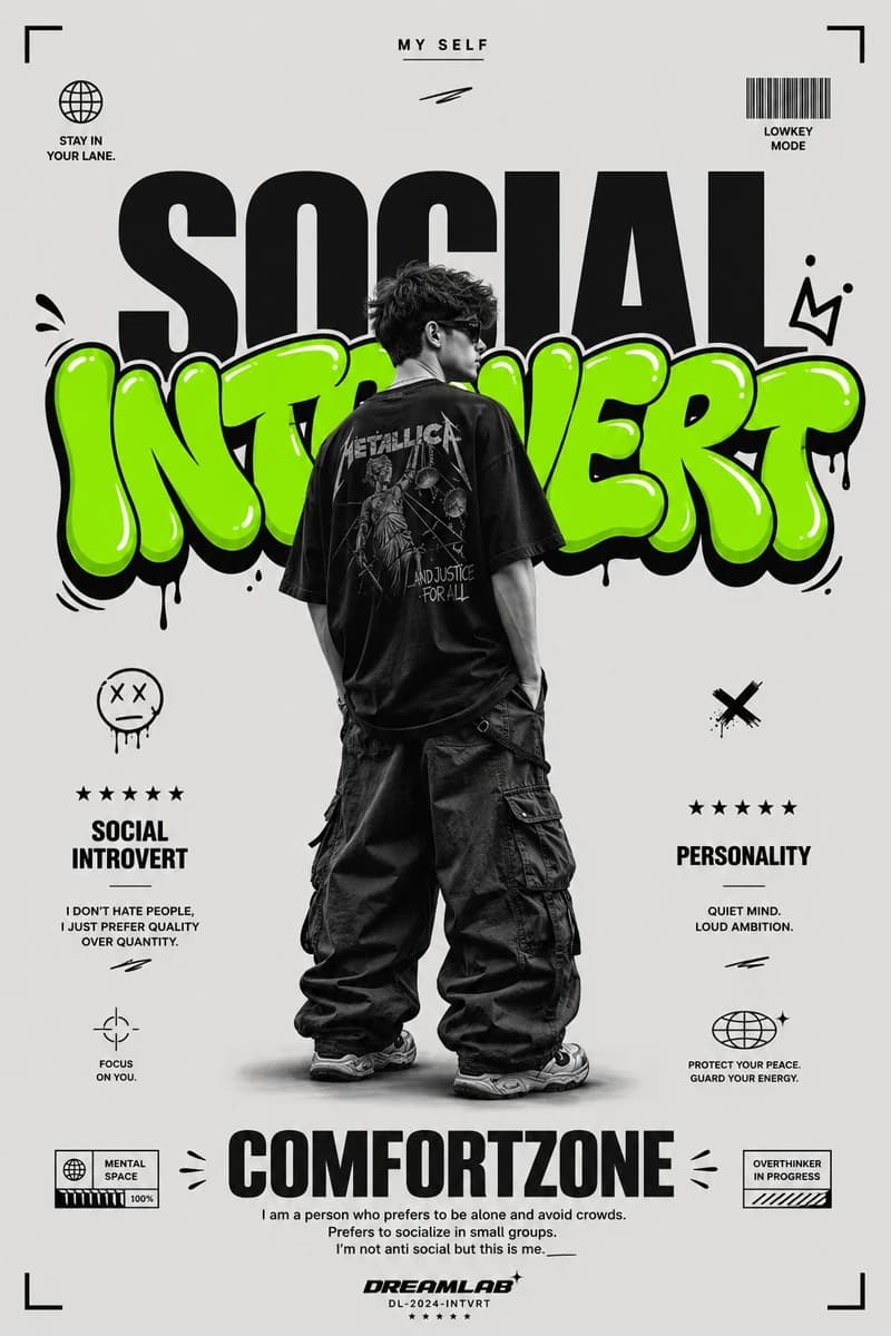 Ultra clean streetwear graphic poster on a minimalist light gray backgrou...