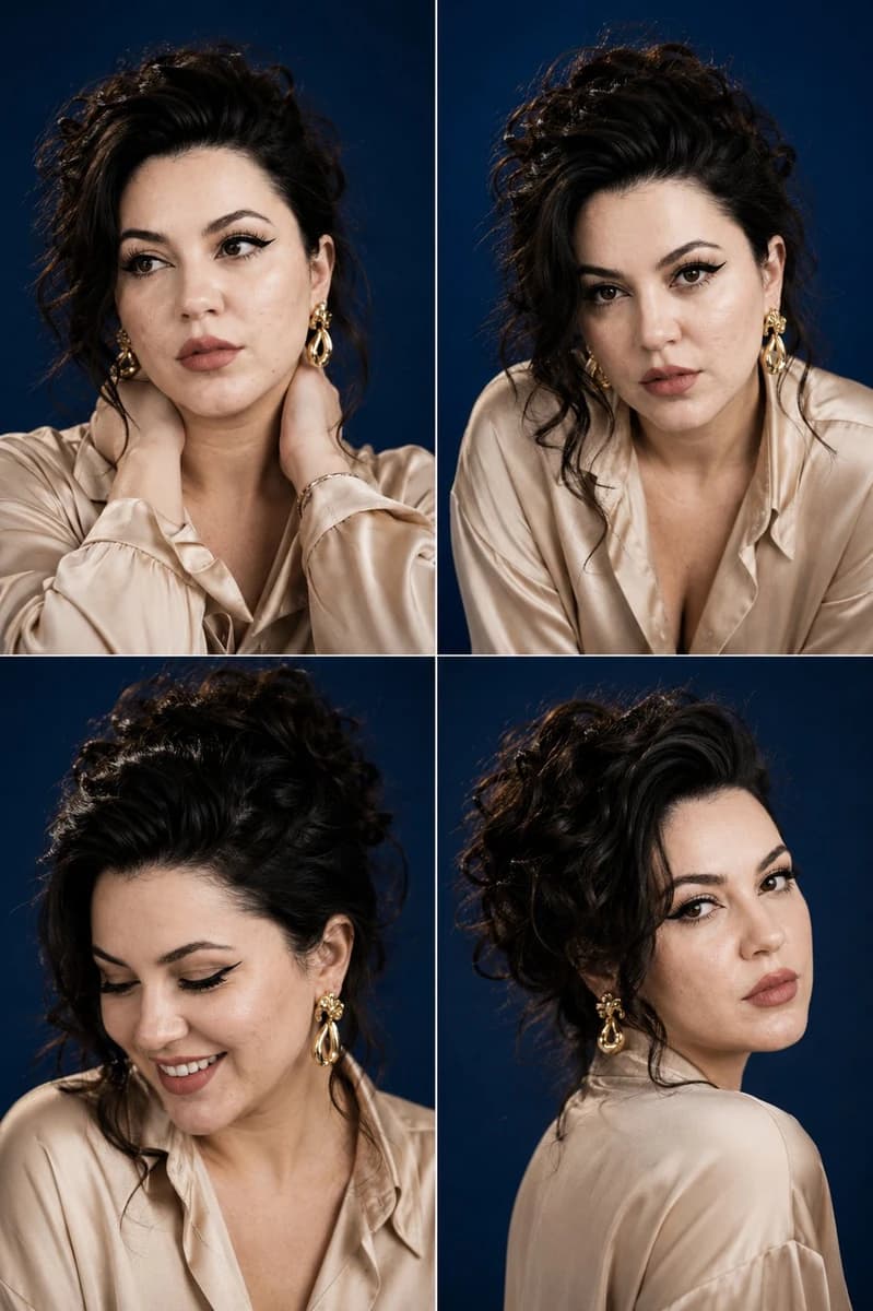 Luxury fashion casting contact sheet of a woman with thick espresso-brown...