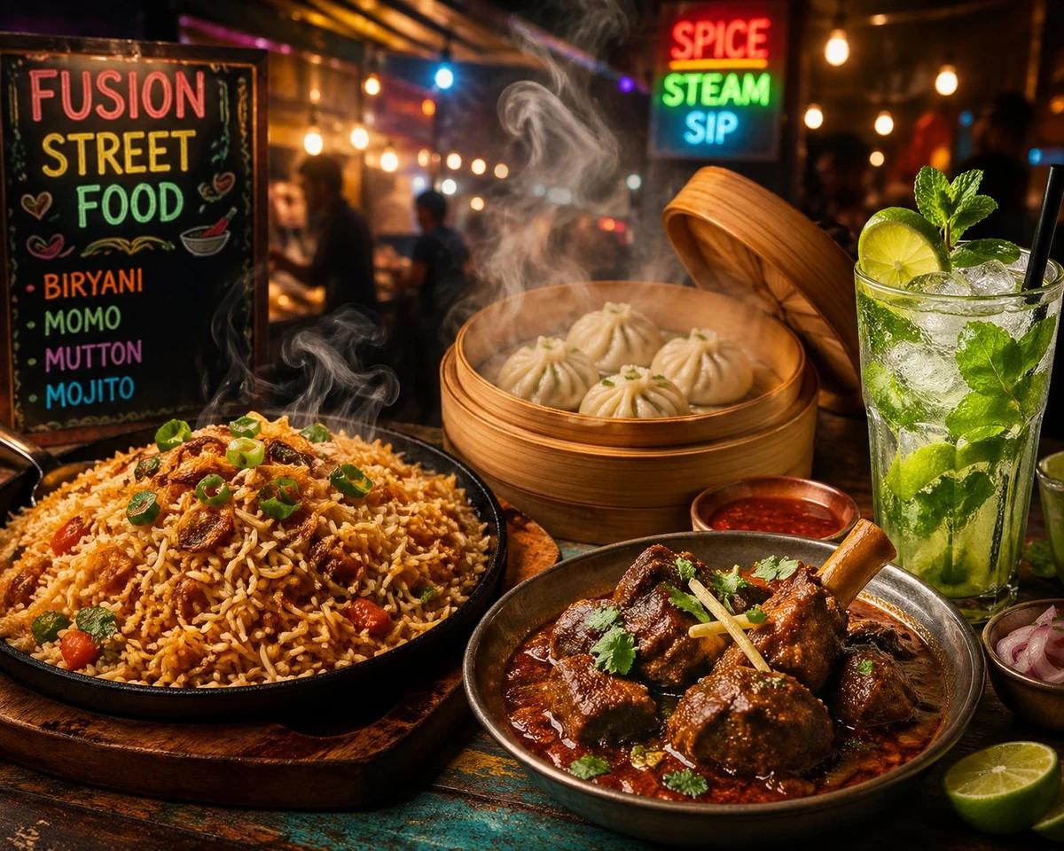 1. A vibrant fusion street-food scene where a sizzling plate of smoky fri...
