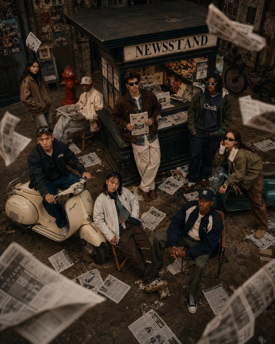 A cinematic fashion editorial scene of 8 diverse young adults gathered ar...