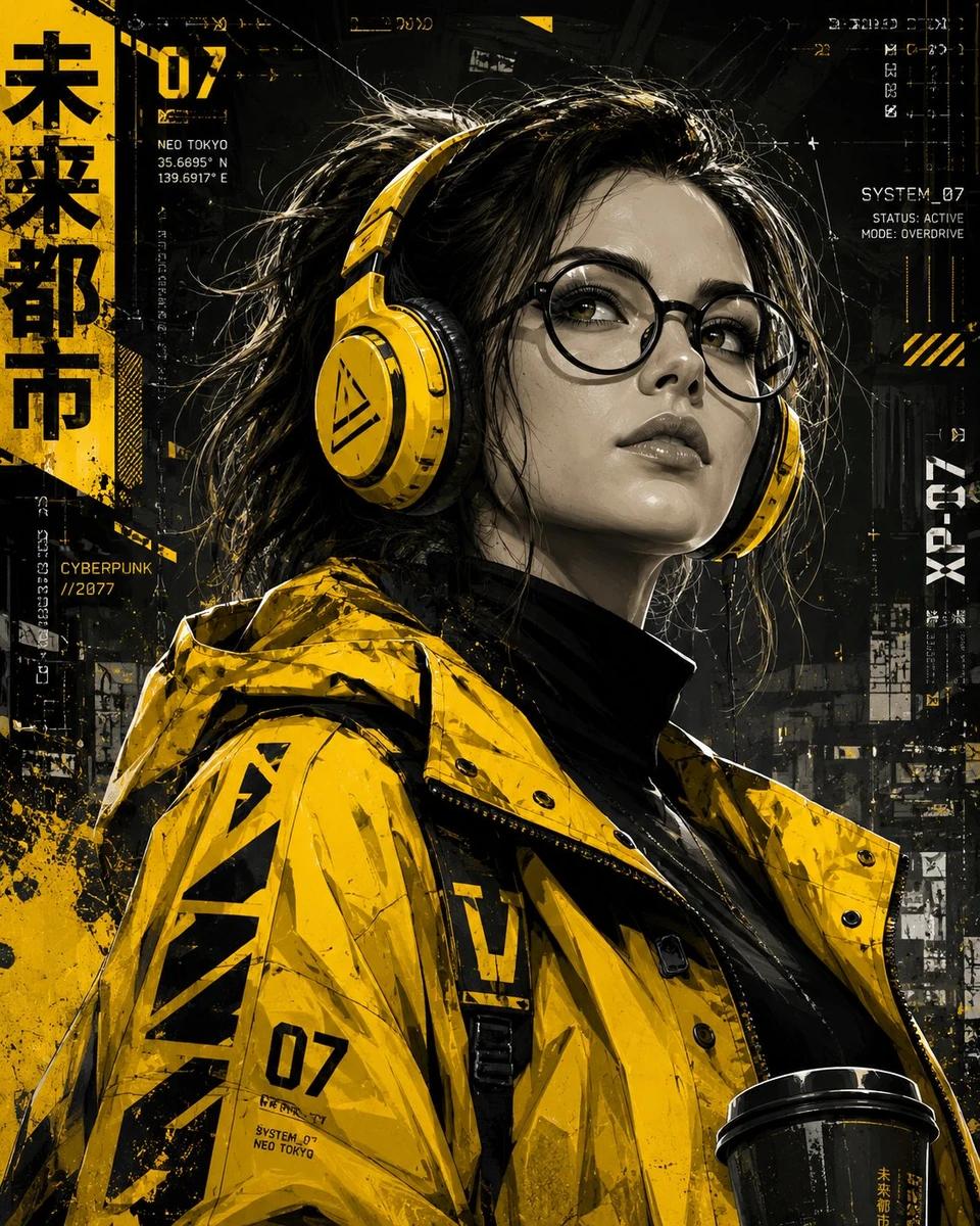 Ultra-detailed cyberpunk digital illustration in a premium graphic poster...