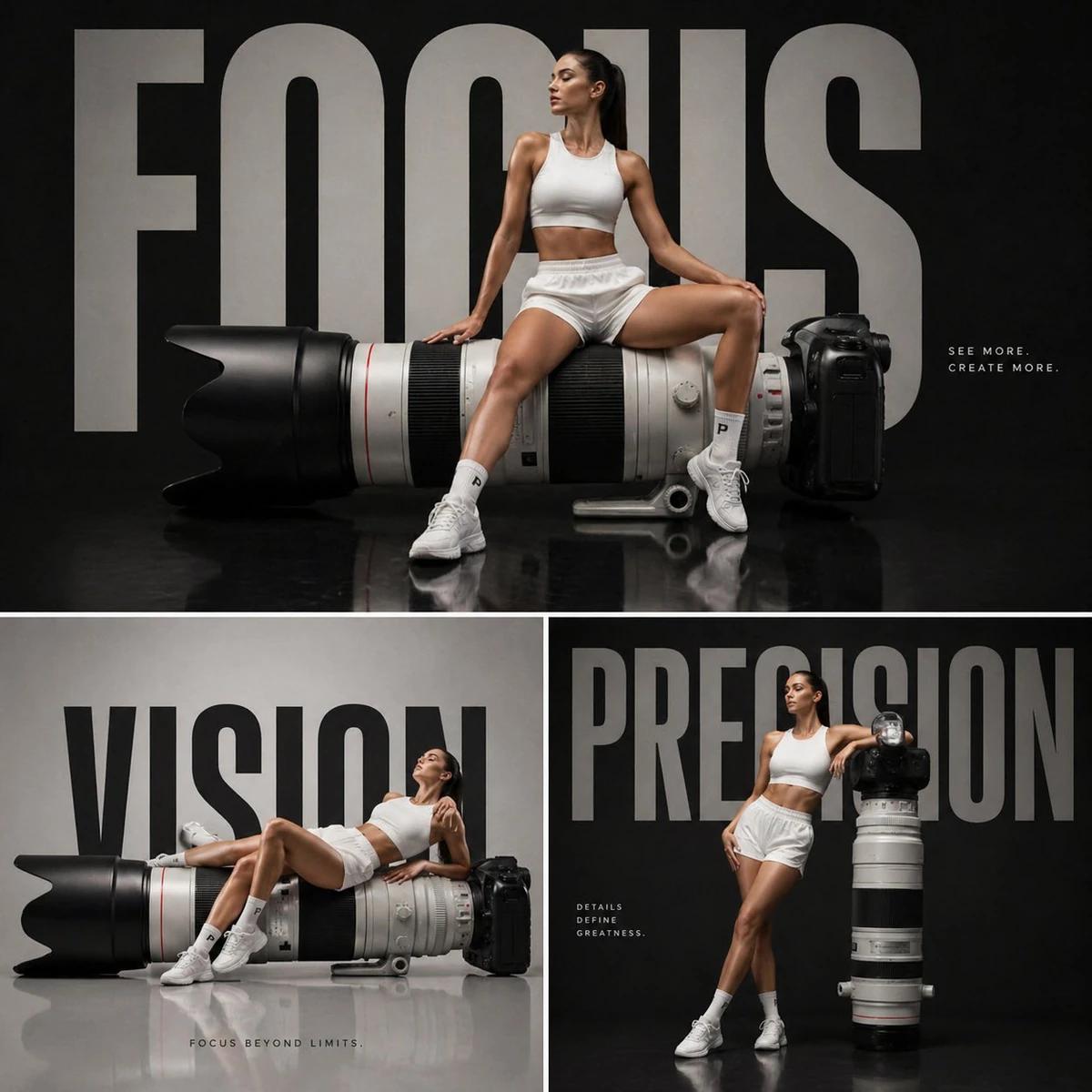 Luxury tech fashion campaign, oversized professional telephoto camera len...