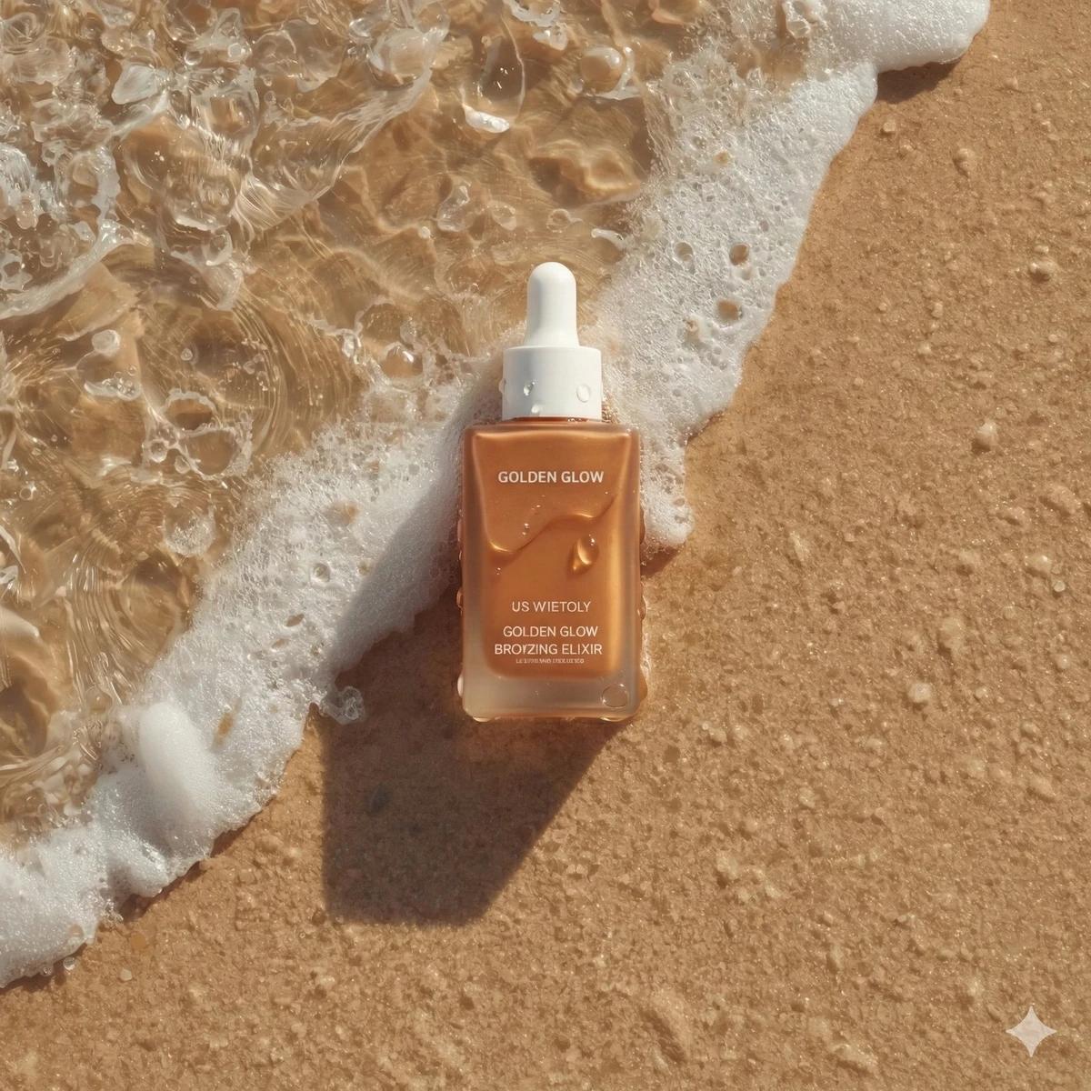 Ultra-realistic summer skincare product photography of a bronzing drop bo...