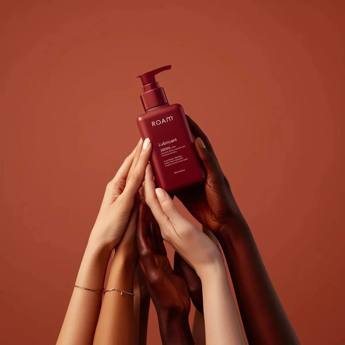 “Minimalist product photography of a matte red pump bottle labeled ‘ROAM...