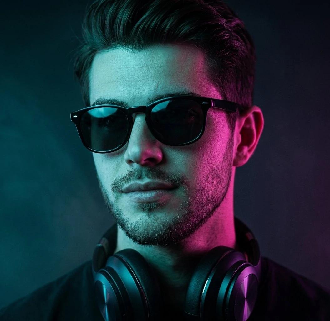 Moody cinematic portrait of a stylish man wearing black sunglasses and pr...