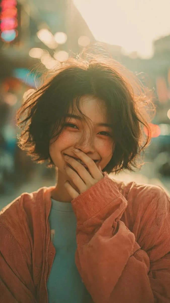 Cinematic portrait of a young woman with short messy bob hair, soft freck...