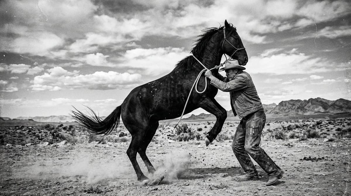 A powerful black and white documentary style photograph of a cowboy strug...