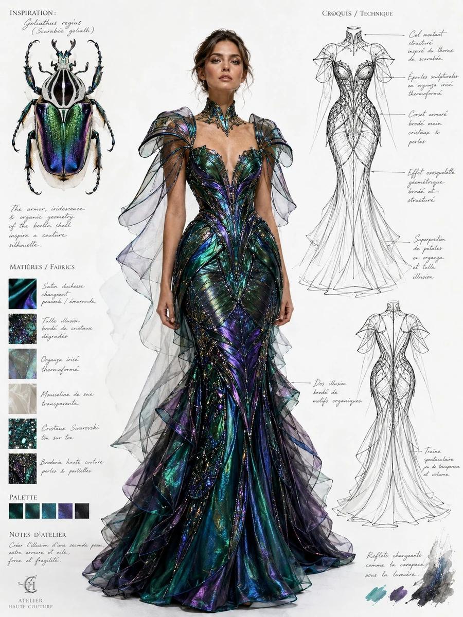 Ultra-luxury haute couture fashion design sheet inspired by an iridescent...
