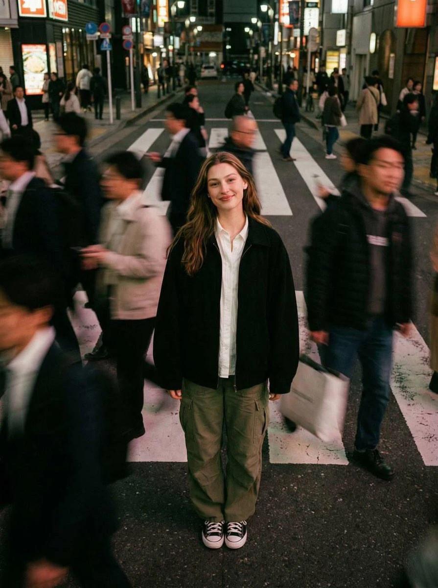 Ultra-realistic cinematic street portrait of a young person standing perf...