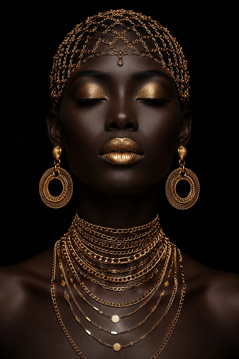 Ultra-realistic luxury fashion portrait of an elegant Black woman