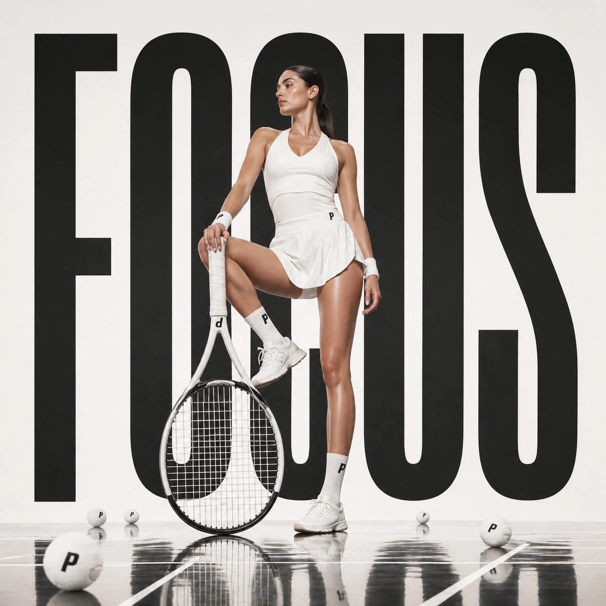 Avant-garde sports fashion advertisement with an oversized tennis racket