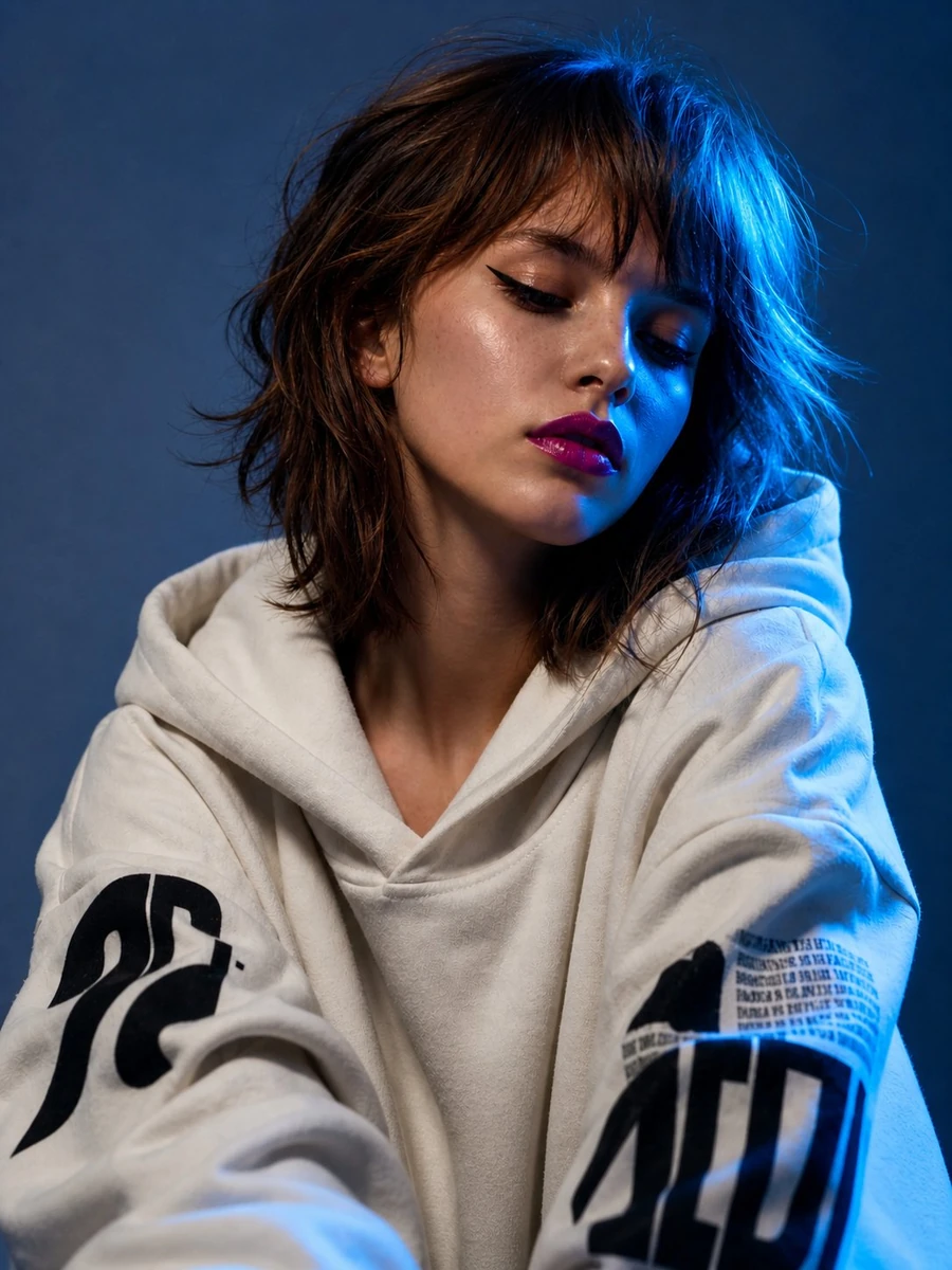 Ultra-realistic fashion editorial portrait of a young woman